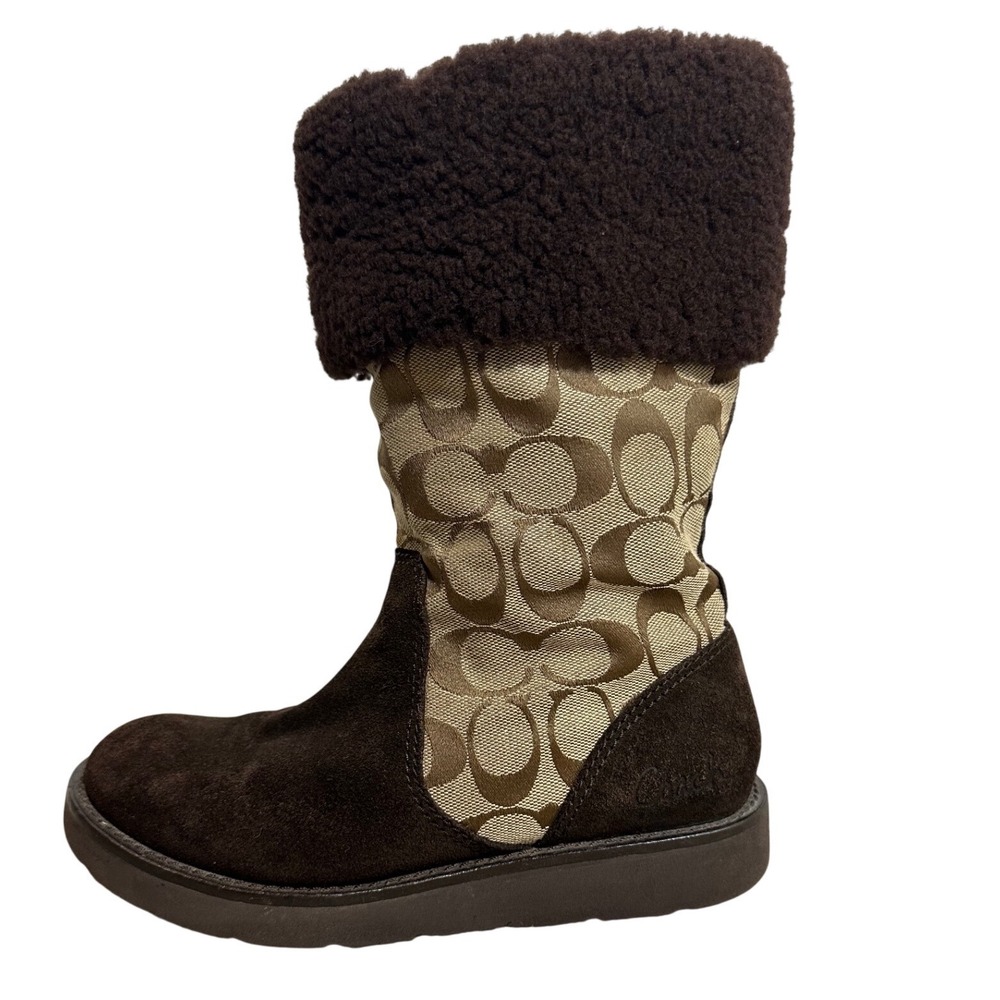 Coach Kally Signature Suede Winter Boots Women Brown Khaki Faux Fur Good 6.5 B - Picture 2 of 16